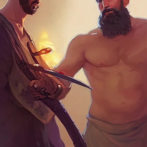 Image similar to wow! fanart young black bearded and bald man with a fish in his hand, d & d, high fantasy, detailed, digital art, artstation, smooth, sharp focus, art by artgerm, greg rutkowski, alphonse mucha