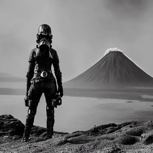 Prompt: A high armored woman with a gasmask standing in front of an erupting volcano, professional photography, black and white, cinematic, eerie