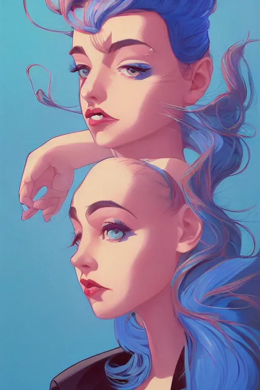 Prompt: portrait painting of a teenage girl with swept back wild blue hair, fashionable, windy, art deco, solid background color, sharp focus, award - winning, cinematic pose, cinematic lighting, trending on artstation, masterpiece, highly detailed, intricate. art by josan gonzales and moebius and deathburger