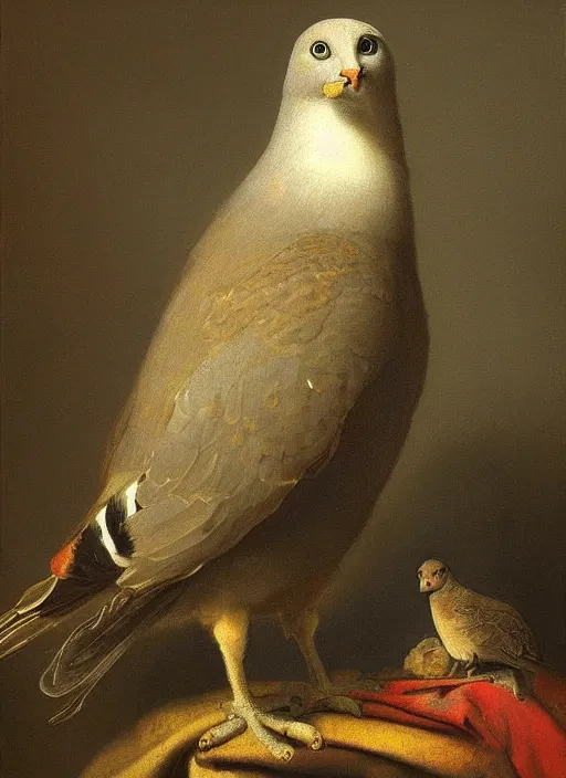 Prompt: A masterpiece portrait of a pigeon and a cat by Rembrandt, dramatic lighting, oil on canvas