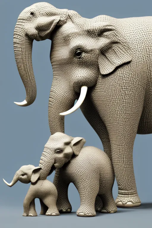 Prompt: ultra - realistic 3 d render of porcelain mother elephant and child elephants made of vines and infected with flowers, beautiful, elegant