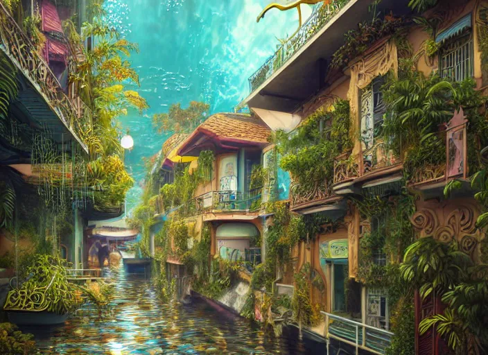 Image similar to foliage in art nouveau favela, underwater environment, scenery, professional, award - winning, trending on artstation, hyper detailed, realistic, beautiful, emotional, shiny, golden, picture