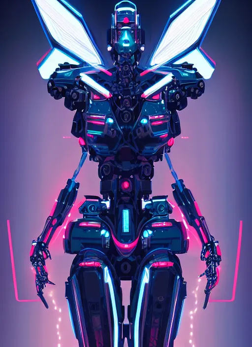 Image similar to symmetry!! full shot!!, full body!!, portrait of mecha with robot wings, dark atmosphere, glowing lights!! intricate, elegant, highly detailed, digital painting, artstation, concept art, smooth, sharp focus, illustration, art by julian del rey