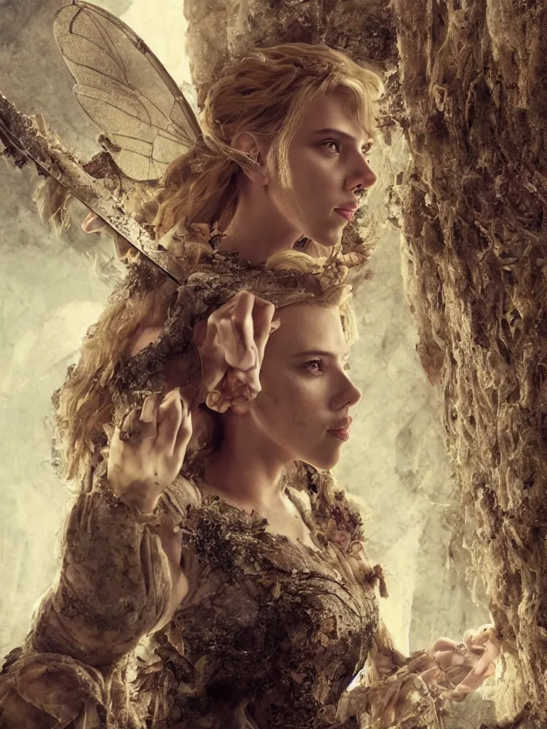 Prompt: portrait of scarlett johansson as a fairy medieval in a ruined castle holding a knife, decolletage, confident pose, coherent, insane detail, concept art, character concept, cinematic lighting, global illumination radiating a glowing aura