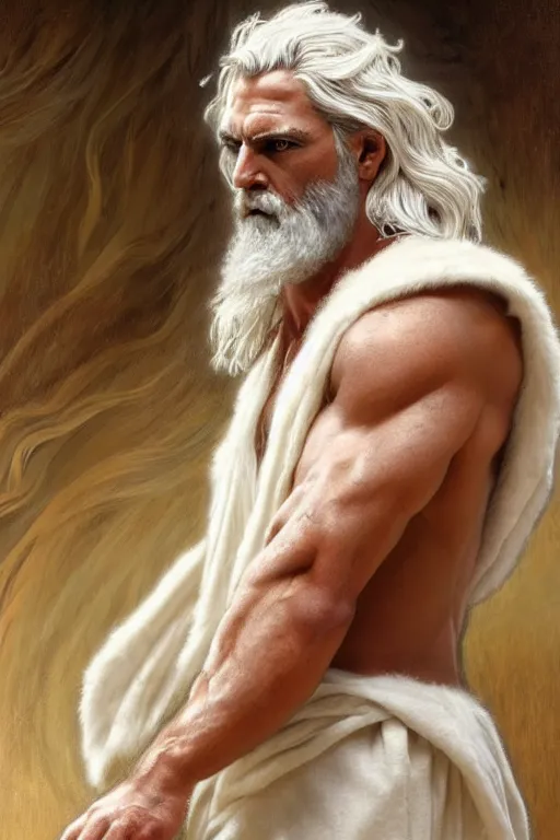 Image similar to painted portrait of rugged zeus, god of thunder, greek god, white hair, masculine, mature, handsome, upper body, white robe, muscular, hairy torso, fantasy, intricate, elegant, highly detailed, digital painting, artstation, concept art, smooth, sharp focus, illustration, art by gaston bussiere and alphonse mucha