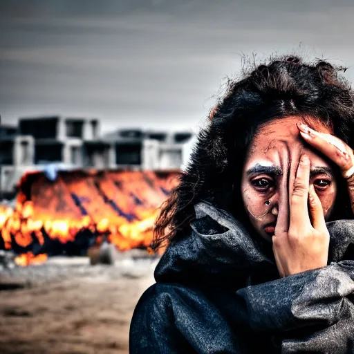 Image similar to photographic portrait of a distressed streetwear woman holding back tears, a futuristic shanty town burns in the background, closeup, sigma 85mm f/1.4, 4k, depth of field, high resolution, 4k, 8k, hd, full color