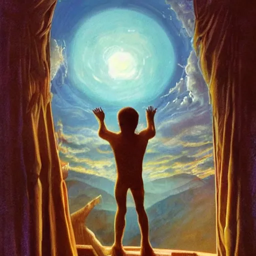 Image similar to and many others, including myself and my older brother, Sam, will be ablecanon of michael whelan, trending on artstation, vivid and vivid a boy looks outside his bedroom window to see the beautiful cosmos, trending