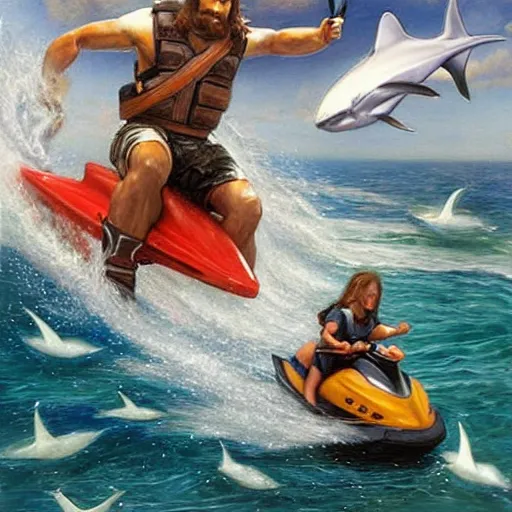 Prompt: Jesus riding a jetski being chased by sharks, painting by Jon McNaughton