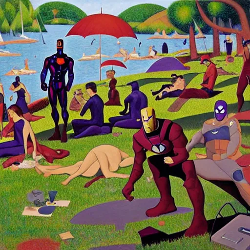 Image similar to ironman, thanos, captain america a sunday afternoon on the island of la grande jatte, painting