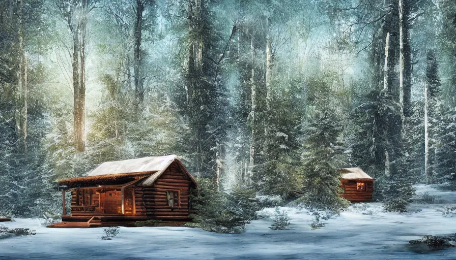 Image similar to a clearing in a forest with a cabin, digital art, highly detailed, realistic, bright colors, 8 k