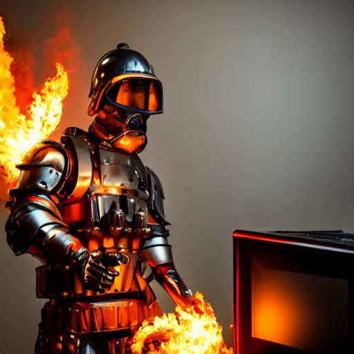 Image similar to angry man in juggernaut armor setting a desktop tower pc on fire using a military flamethrower