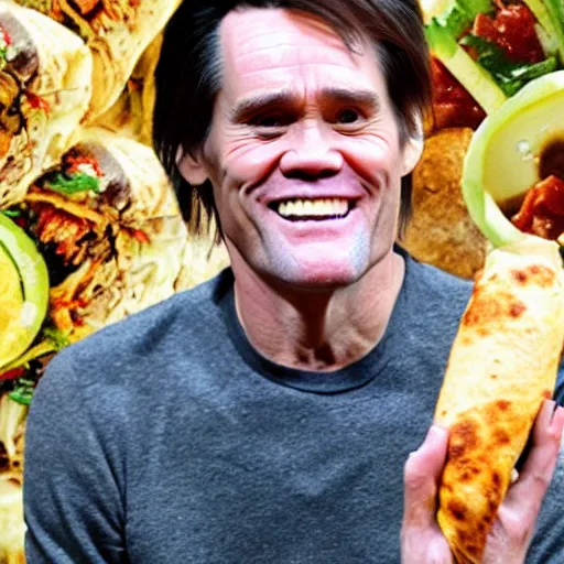 Image similar to photo of jim carrey stuffed inside of a burrito