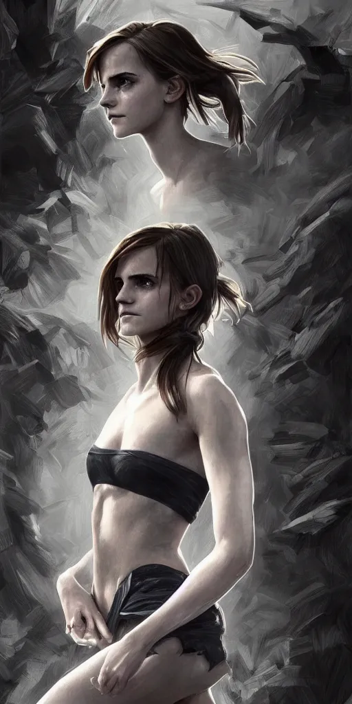 Image similar to clear portrait of emma watson, sinister appearance, ripped clothing, athletic, cottagecore!!, background hyper detailed, character concept, full body, dynamic pose, intricate, elegant, highly detailed, digital painting, artstation, concept art, smooth, sharp focus, illustration, art by artgerm and greg rutkowski and alphonse mucha