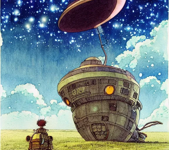 Image similar to hyperrealist studio ghibli watercolor fantasy concept art of an immense ufo from howl's moving castle sitting on stonehenge like a stool. it is a misty starry night. by rebecca guay, michael kaluta, charles vess