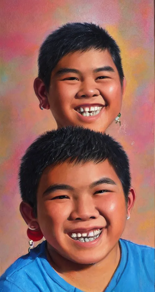 Image similar to oil portrait of a teenage chubby filipino boy smiling with crooked teeth, with a curly perm, and with small studded earings, 4 k, photorealistic, high detail