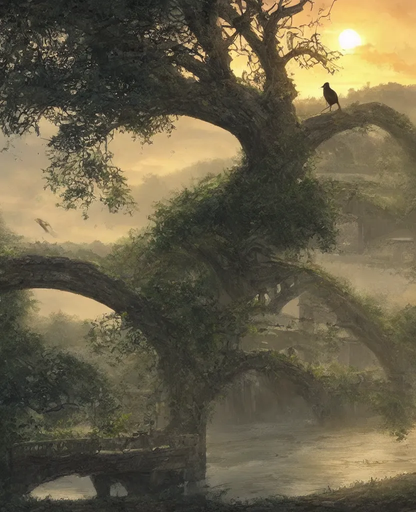 Image similar to small wooden cottage by the river, a tree with vines wrapped around it, two crows on the tree, tranquility, arch stone bridge over the river, an old man riding a horse on the bridge, sunset, by charlie bowater, by greg rutkowski