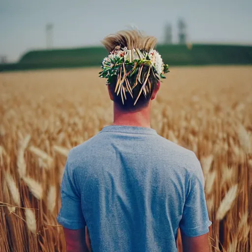 Image similar to kodak portra 4 0 0 photograph of a skinny blonde guy standing in field of wheat emitting psychic powers, back view, flower crown, moody lighting, telephoto, 9 0 s vibe, blurry background, vaporwave colors, faded!,