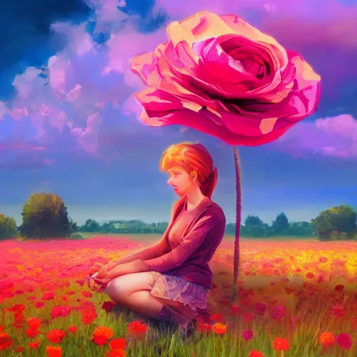 Image similar to giant rose flower head, full body girl sitting in a flower field, surreal photography, sunrise, dramatic light, impressionist painting, colorful clouds, digital painting, artstation, simon stalenhag