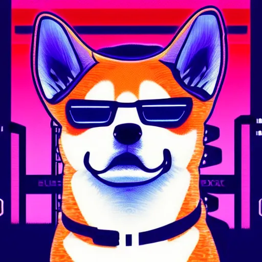 Image similar to Shiba inu, cyberpunk glitchcore synthwave art, trending on ArtStation