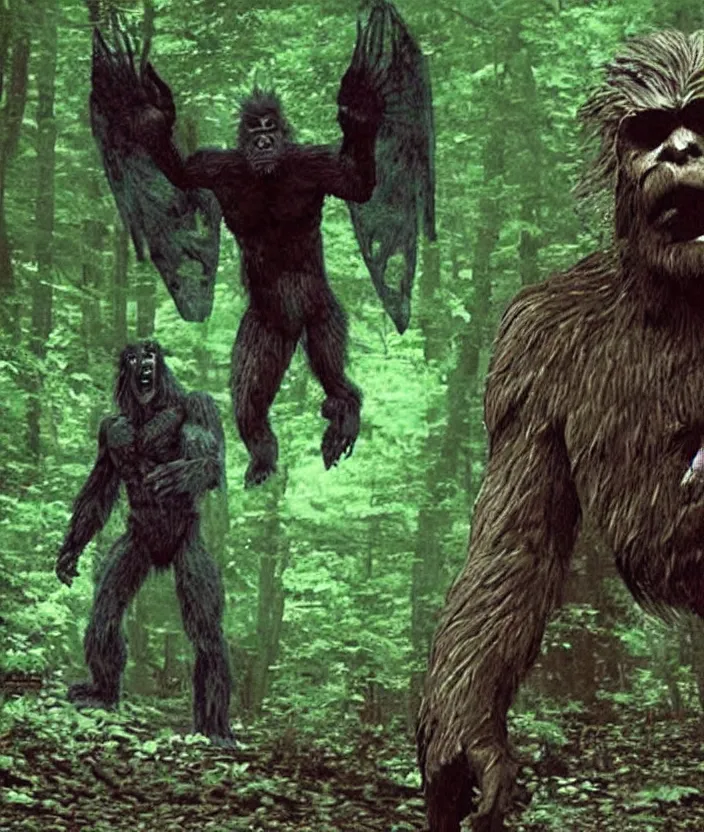 Image similar to bigfoot vs. mothman, cryptid battle, found footage, eerie, foreboding