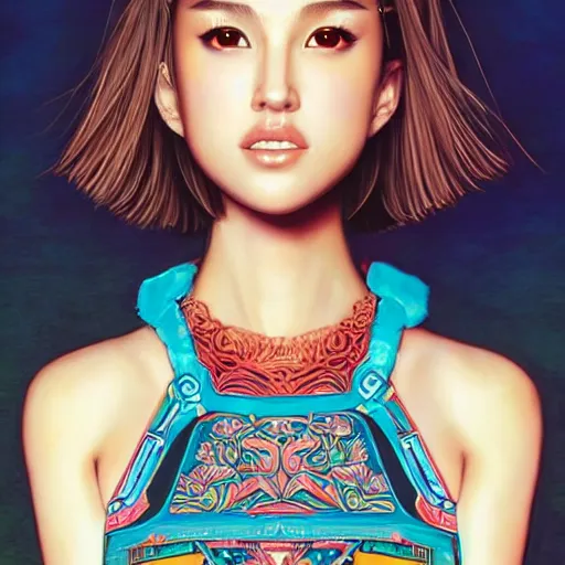 Prompt: a beautiful young japanese natalie portman alluring gravure model, wearing elaborate designer tank top, tank top with mesoamerican patterns, by akira toriyama and wlop and ilya kuvshinov and artgerm and, aesthetic, gorgeous, stunning, alluring, attractive, artstation, deviantart, pinterest, digital art