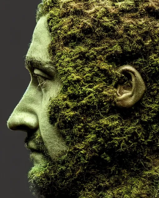 Image similar to a man's face in profile, made of moss, in the style of the dutch masters and gregory crewdson, dark and moody