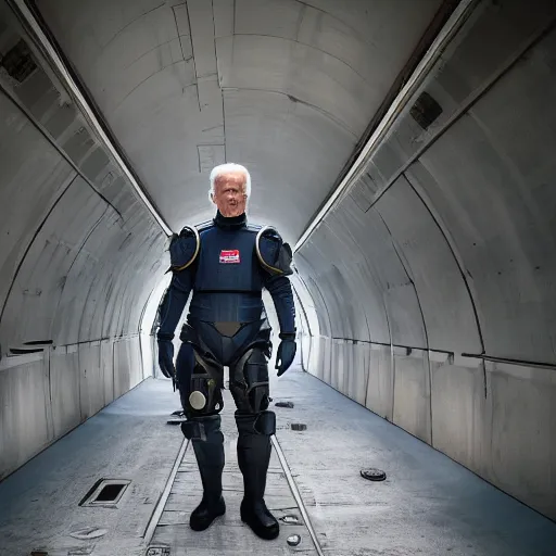 Image similar to Professional portrait of Joe Biden wearing T-45d power armor in a underground futuristic bunker, 8k, cinematic, dslr,