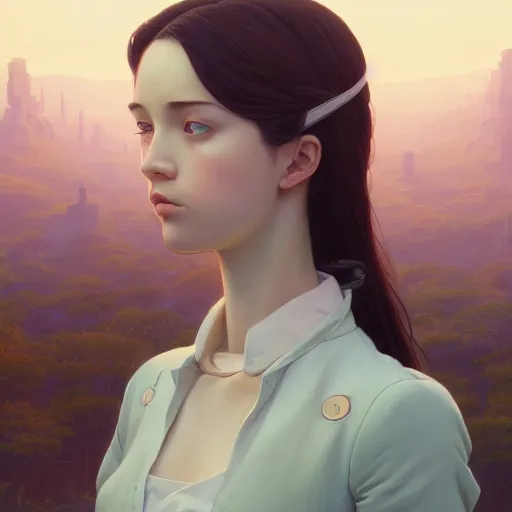 Image similar to portrait of android girl, highly detailed vfx portrait, unreal engine, greg rutkowski, loish, rhads, caspar david friedrich, makoto shinkai and lois van baarle, ilya kuvshinov, rossdraws, elegent, tom bagshaw, alphonse mucha, global illumination, detailed and intricate environment