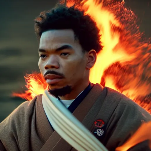 Image similar to cinematic film still of Chance The Rapper starring as a Samurai holding fire, Japanese CGI, VFX, 2022, 40mm lens, shallow depth of field, film photography