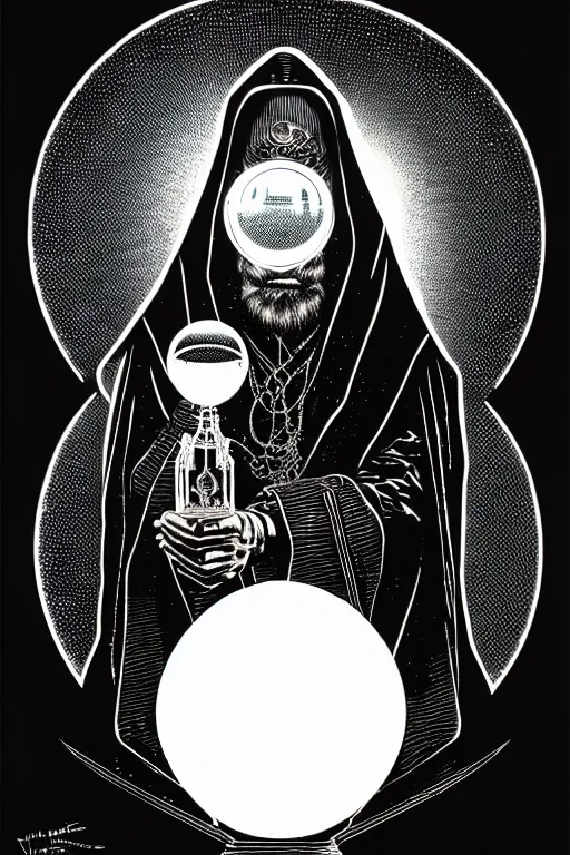 Prompt: side view of a sitting cloaked steampunk wizard holding crystal ball, high details, intricately detailed, by vincent di fate, inking, 3 color screen print, masterpiece, trending on artstation,, sharp, details, hyper - detailed, hd, 4 k, 8 k