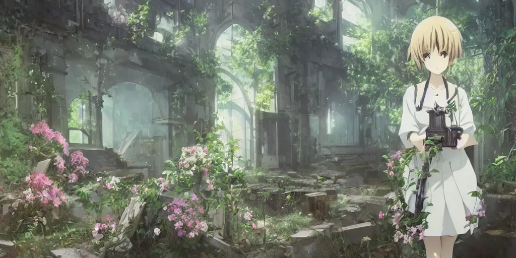 Image similar to anime kyoto animation key by greg rutkowski, perfectly detailed android girl in abandoned chapel with overgrown flowers and plants