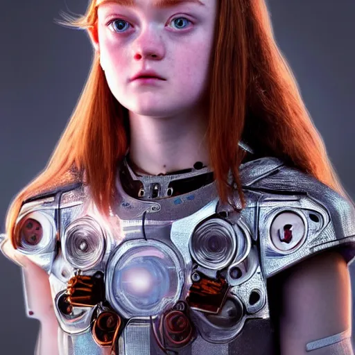 Image similar to beautiful centered Fine art photo portrait of intrigued Sadie Sink as a solarpunk robotic humanoid, white mechanical parts with led lights, photorealistic, white background, highly detailed and intricate, sunset lighting, HDR 8k