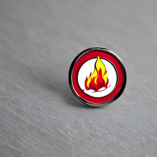 Prompt: a photo of a retro 1 9 7 0 s minimalistic clean fire flames warning label enamel pin, cinematic lighting, behance