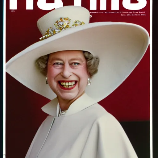 Prompt: magazine cover photo of Elizabeth II using pope's miter, pope hat, portrait photo by Slim Aarons in 1965 TIMES magazine cover photo, color