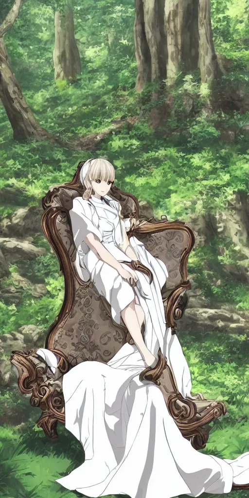 Image similar to landscape shot of a highly detailed queen sitting by herself on a sofa in a forest wearing a white robe drawn by CloverWorks, elegant, beauty,