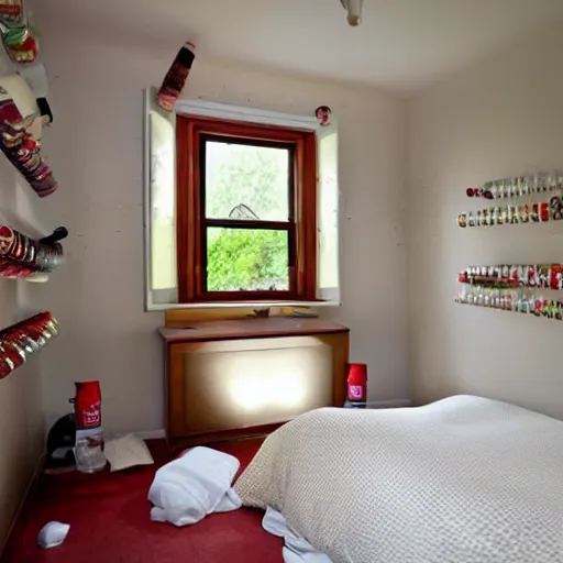 Prompt: bedroom completely filled with empty soda bottles