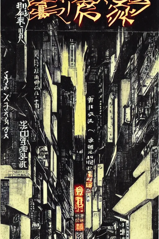 Prompt: bladerunner manga cover, cover art for manga, full color, seinen manga by kentaro miura. text kanji hiragana on the cover simplistic minimalist stylized cover art, coherent professional