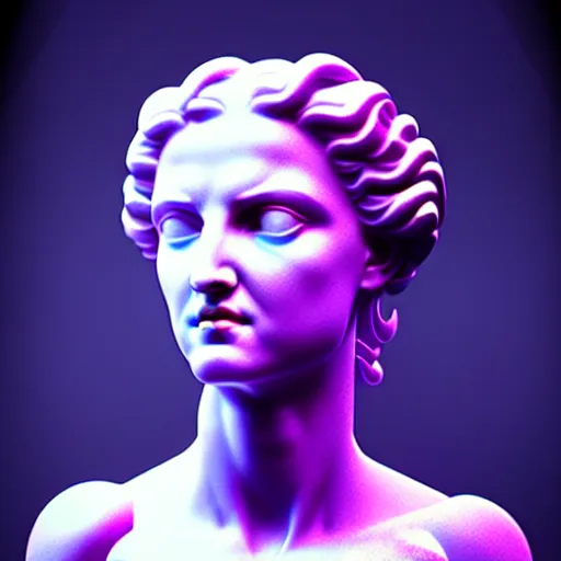 Image similar to sci - fi cgartist wide shot anaglyph ambient occlusion rendering of a hyper realistic marble greek statuary regal goddess head glowing with embedded vaporwave leds product photo high key colored lighting, trending on artstation volumetric lighting