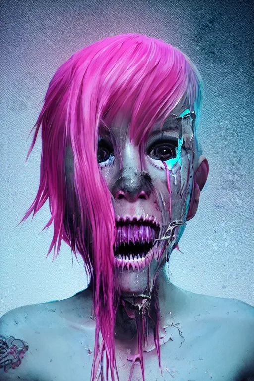 Image similar to portrait of a melting punk girl pink hair . razor sharp teeth. intricate abstract. intricate artwork. nightmare fuel. terrifying. by Tooth Wu, wlop, beeple, dan mumford. octane render, trending on artstation, greg rutkowski very coherent symmetrical artwork. cinematic, hyper realism, high detail, octane render, 8k, iridescent accents