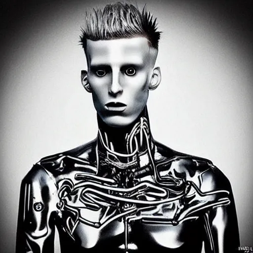 Image similar to “a realistic detailed photo of a guy who is an attractive humanoid who is half robot and half humanoid, who is a male android, rapper Machine Gun Kelly, shiny skin, posing like a statue, blank stare”