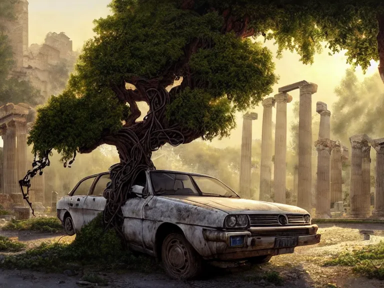 Prompt: a tree growing on a scrap car in ancient greek ruins, gray wasteland, many scrap cars, overgrown, pillars and arches, colorful flowers, vines, hyperrealistic, highly detailed, cinematic, ray of golden sunlight, beautiful, cgsociety, artstation, 8 k, oil painting by greg rutkowski, by artgerm, by wlop