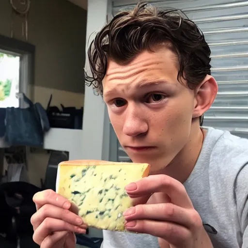 Image similar to sad tom holland holding a wallet full of cheese