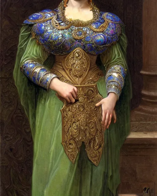 Prompt: Shrek, dressed in ornate, detailed, intricate iridescent opal armor, detailed oil painting by William Adolphe Bouguereau and Donato Giancola