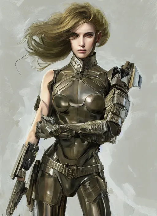 Image similar to a professional painting of a beautiful young female, clothed in military armor, olive skin, long dark hair, beautiful bone structure, symmetrical facial features, intricate, elegant, digital painting, concept art, smooth, sharp focus, illustration, from Metal Gear, by Ruan Jia and Mandy Jurgens and Artgerm and William-Adolphe Bouguerea