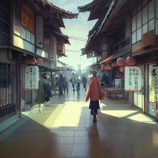 Image similar to walking around ozu city and shimonad station, ehime, japan. volumetric lighting, realistic illustration, perfectly shaded, soft painting, art by krenz cushart and wenjun lin