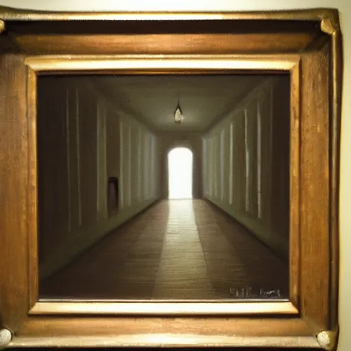 Image similar to a dungeon hallway with a single torch on the wall. a man is walking in the hallway, oil painting