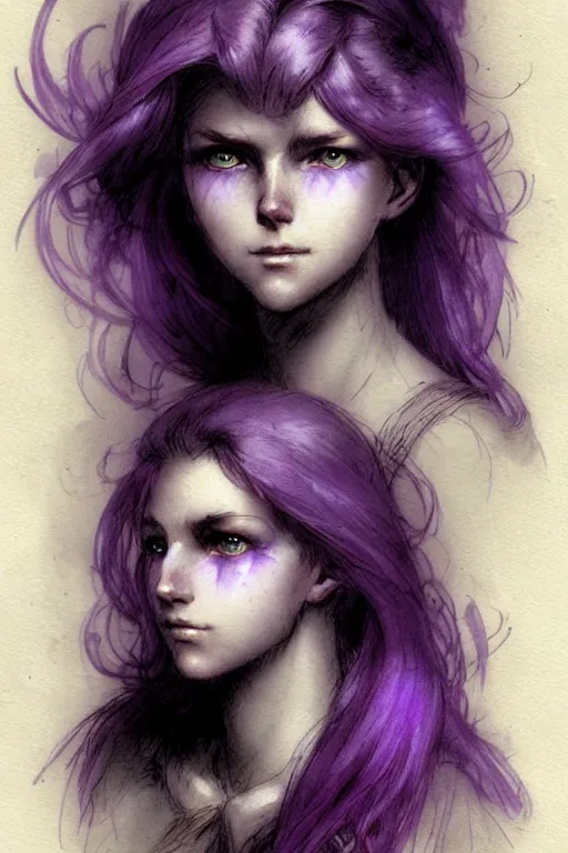 Image similar to character art by jean - baptiste monge, young woman, purple hair, glowing purple eyes