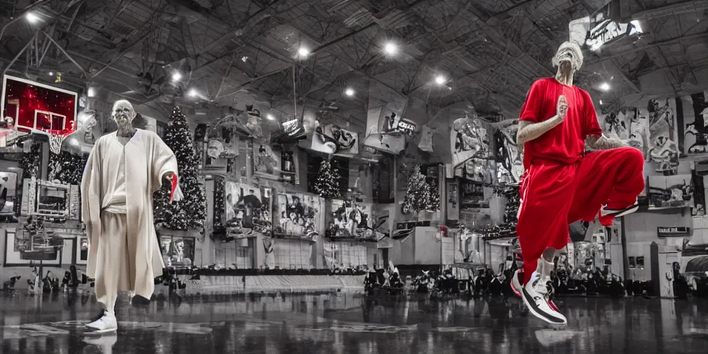 Image similar to Master Yoda gazing his air jordan 1 sneakers in awe in an empty basketball court in New York in the middle of the christmas night