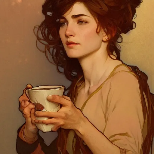 Prompt: woman in coffee shop, portrait art by alphonse mucha and greg rutkowski, highly detailed, digital painting, concept art, illustration, dim lighting with twilight rays of sunlight, trending on artstation, very detailed, smooth, sharp focus, octane render