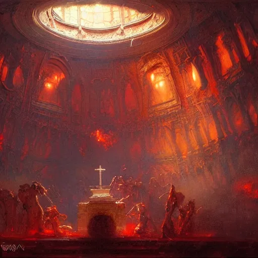 Image similar to a chapel's ceiling is broken in half as a red magical portal from hell opens up there. highly detailed painting by gaston bussiere, greg rutkowski, craig mullins 8 k